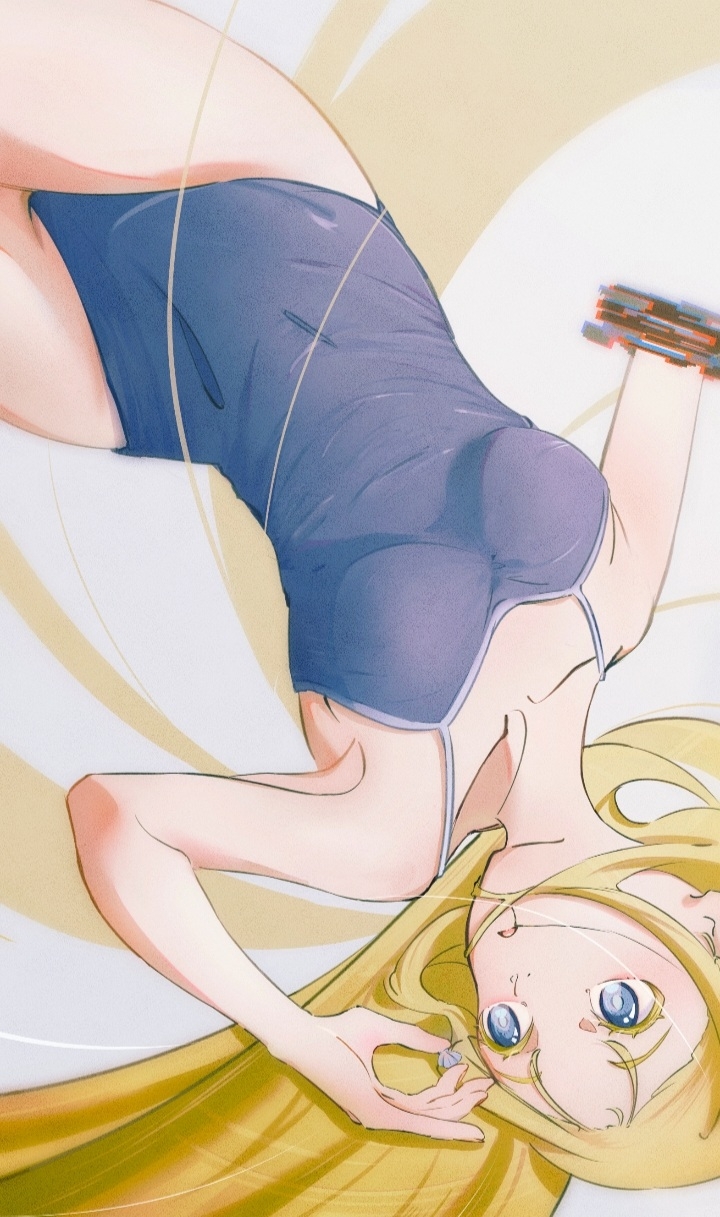 1girl blonde_hair blue_eyes breasts competition_school_swimsuit cowboy_shot gin_s highres kofune_ushio long_hair missing_limb school_swimsuit severed_arm severed_limb small_breasts solo summertime_render swimsuit upside-down very_long_hair