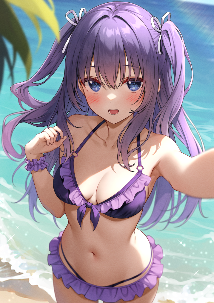 1girl beach bikini blue_eyes breasts cleavage collarbone commentary_request hair_between_eyes hair_ribbon karutamo looking_at_viewer medium_breasts navel open_mouth original purple_bikini purple_scrunchie rakugaki-chan ribbon scrunchie selfie standing swimsuit two_side_up white_ribbon wrist_scrunchie