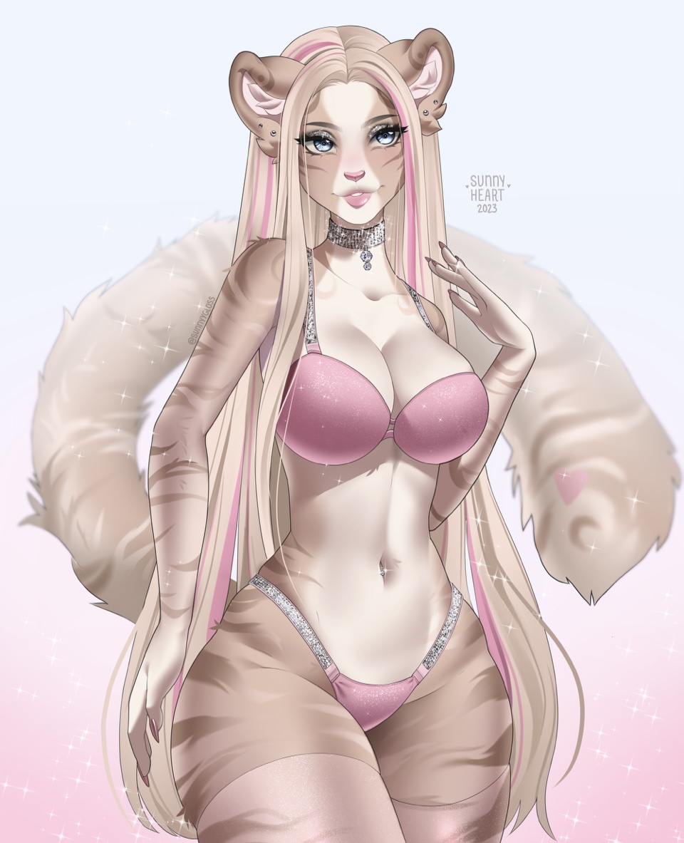 anthro big_breasts breasts clothed clothing digital_media_(artwork) domestic_cat felid feline felis female fur hair huge_breasts legwear lingerie mammal pantherine perfect_body purrcephone silicone simple_background smile solo stockings string stripes sunnyygloss topwear victorias_secret