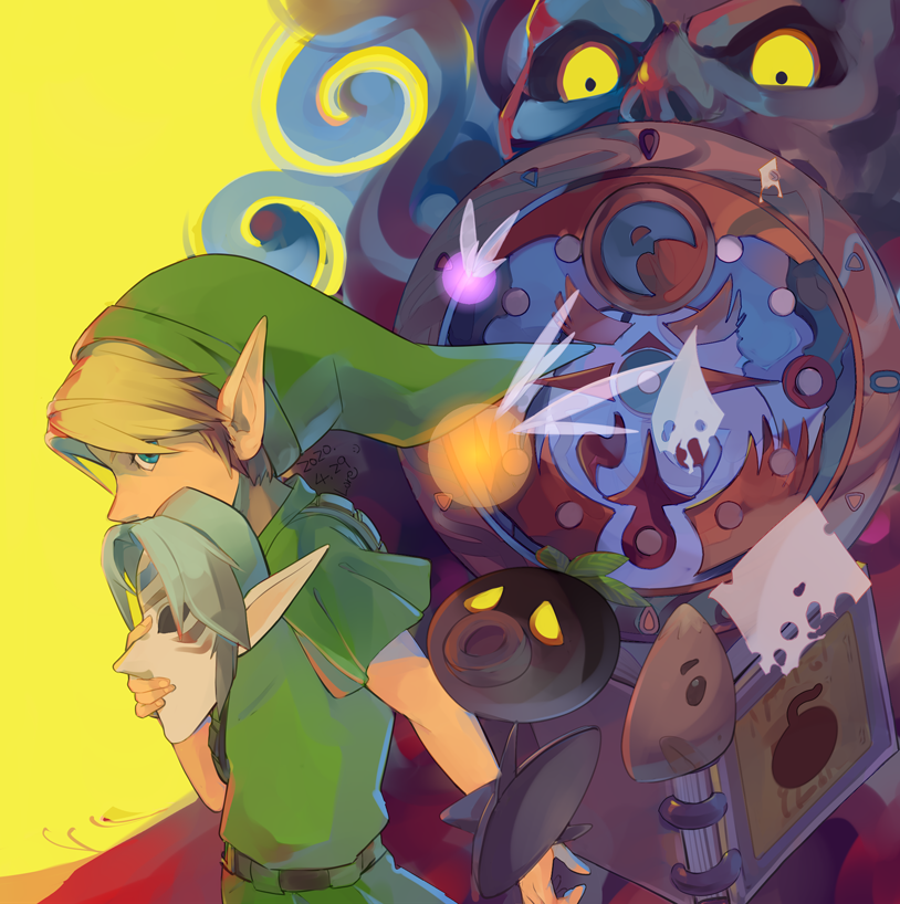 1boy belt blue_eyes book brown_belt dated fairy fierce_deity green_headwear green_tunic holding holding_mask link lore male_focus mask moon_(zelda) open_book paper pointy_ears short_hair tael tatl the_legend_of_zelda the_legend_of_zelda:_majora's_mask yellow_eyes young_link