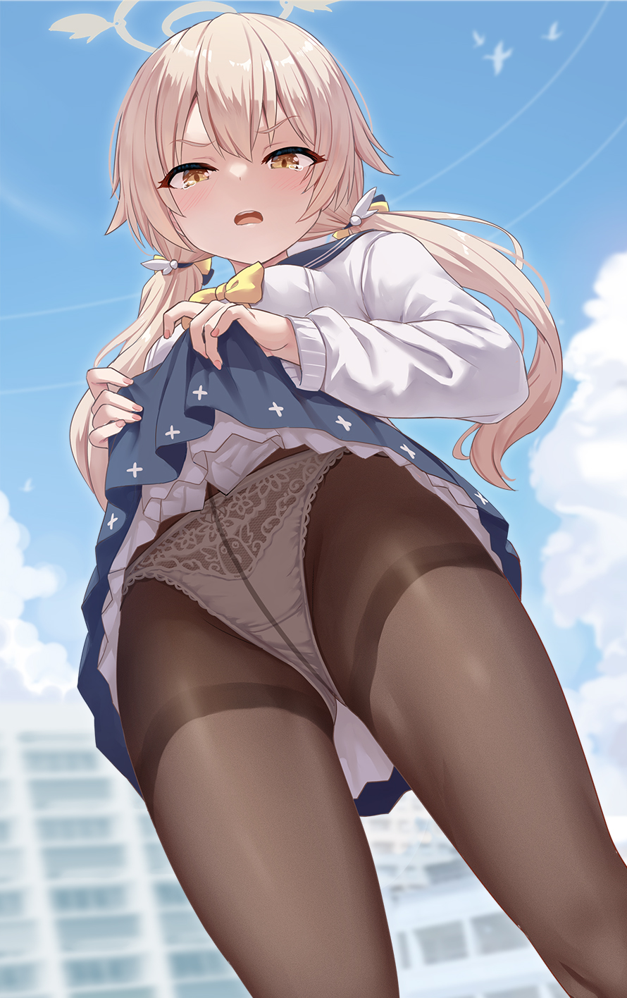 1girl blue_archive blue_sailor_collar blue_skirt blue_sky blush bow bowtie breasts brown_eyes brown_pantyhose clothes_lift halo hifumi_(blue_archive) highres light_brown_hair long_hair long_sleeves looking_at_viewer low_twintails miniskirt open_mouth panties panties_under_pantyhose pantyhose pleated_skirt sailor_collar shimokirin shirt skirt skirt_lift sky small_breasts solo thighband_pantyhose thighs twintails underwear white_panties white_shirt wing_hair_ornament yellow_bow