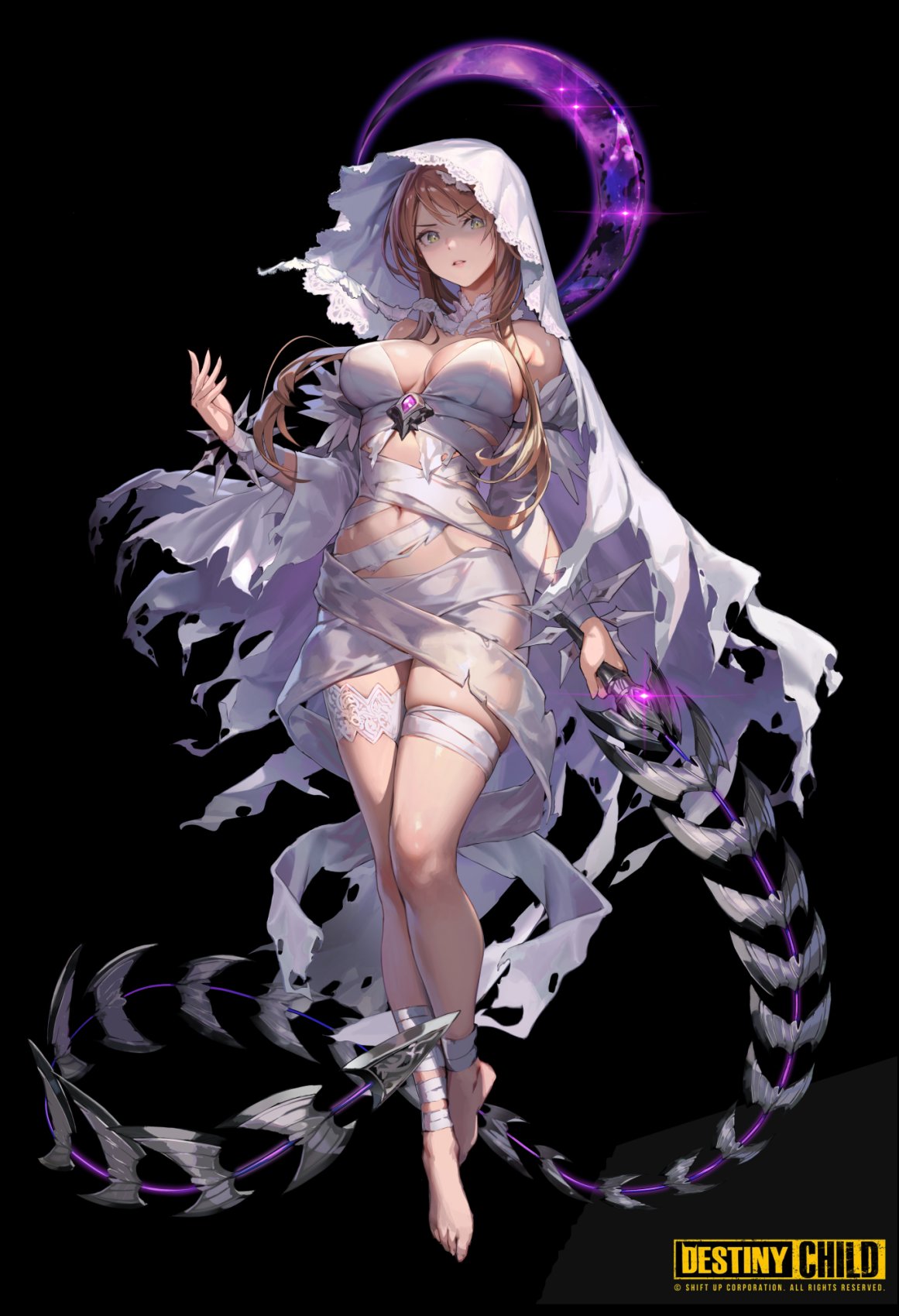 1girl bandages barefoot black_background breasts brown_hair character_request chest_jewel cleavage copyright_name destiny_child full_body green_eyes halo highres large_breasts long_hair ludaf veil weapon whip_sword