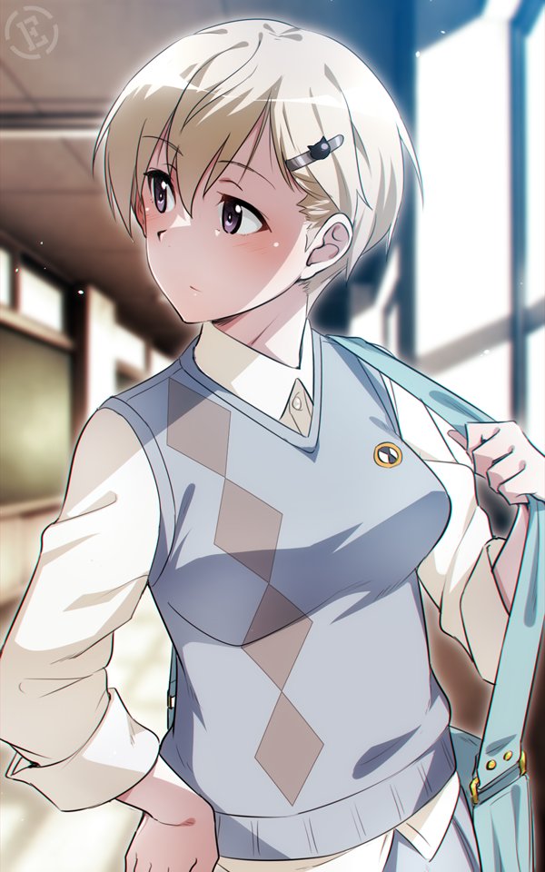 1girl blonde_hair blue_eyes blush brave_witches breasts em_(totsuzen_no_hakike) hair_ornament hairclip indoors medium_breasts nikka_edvardine_katajainen school school_uniform short_hair solo upper_body world_witches_series