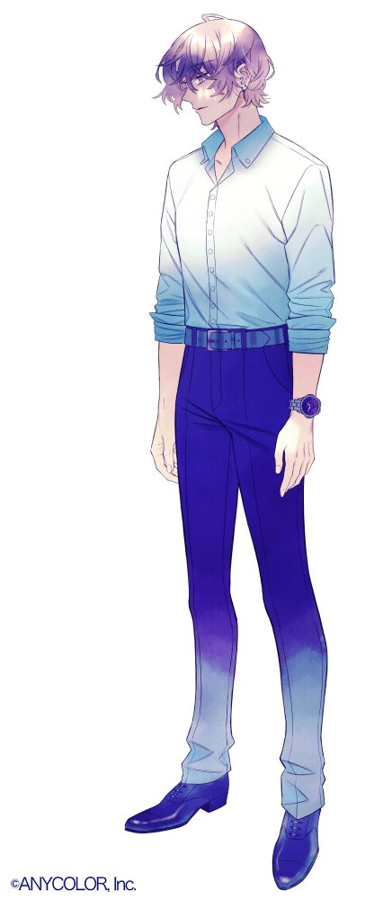 1boy belt black_footwear blue_belt blue_pants brown_eyes brown_hair collared_shirt copyright dress_shirt ear_piercing earrings expressionless full_body hair_between_eyes jewelry kagami_hayato looking_ahead male_focus mochizuki_jun nijisanji official_art open_collar oxfords pants parted_lips piercing profile shirt shoes short_hair shoujo_rei_(vocaloid) simple_background sleeves_rolled_up solo standing virtual_youtuber watch white_background white_shirt wristwatch