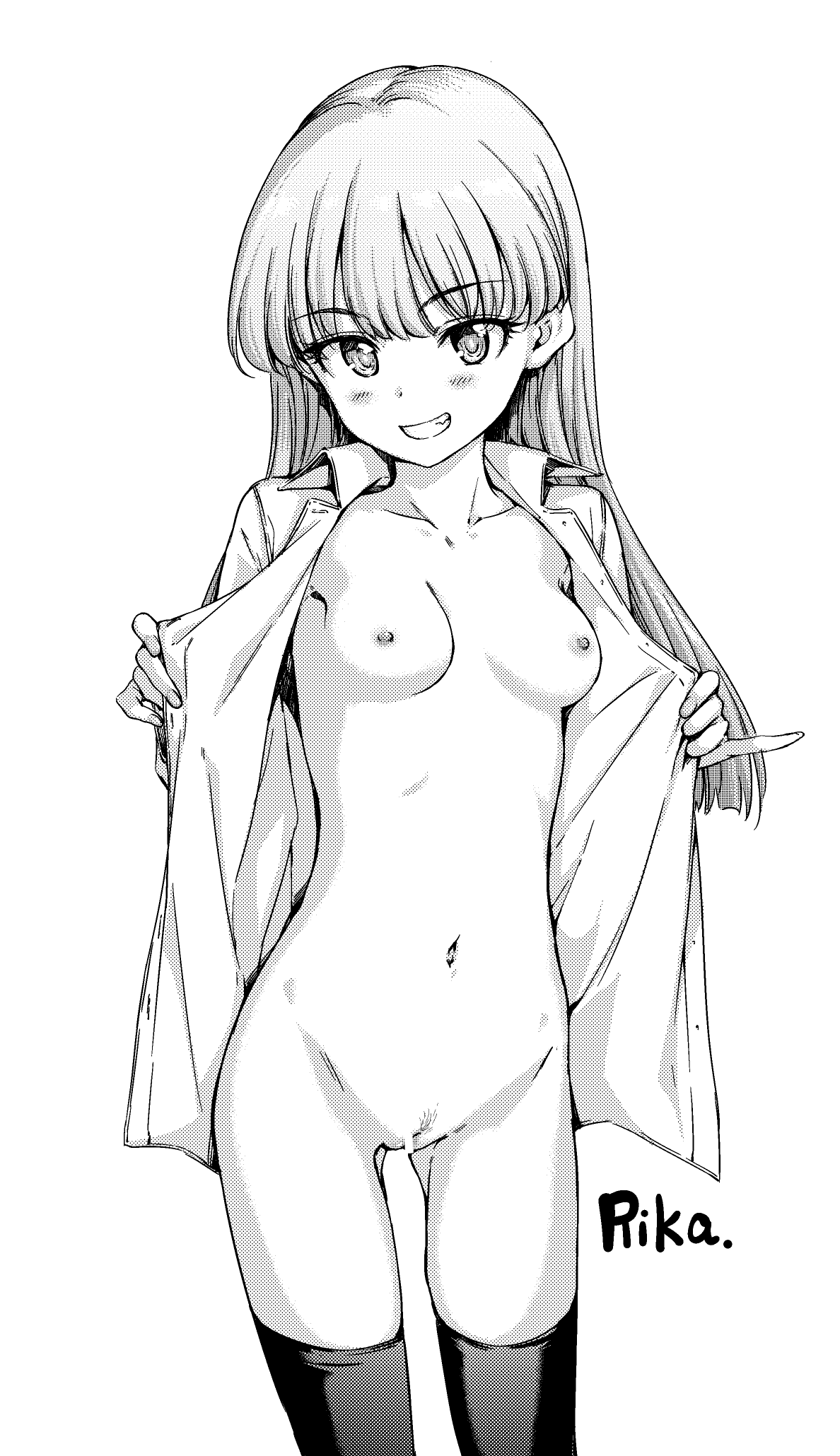 1girl bar_censor black_thighhighs blush breasts censored character_request collarbone collared_shirt dress_shirt female_pubic_hair greyscale hair_down halftone hamao highres idolmaster idolmaster_cinderella_girls jougasaki_rika long_hair looking_at_viewer monochrome navel nipples open_clothes open_shirt pubic_hair pussy shirt simple_background small_breasts smile solo stomach thighhighs white_background