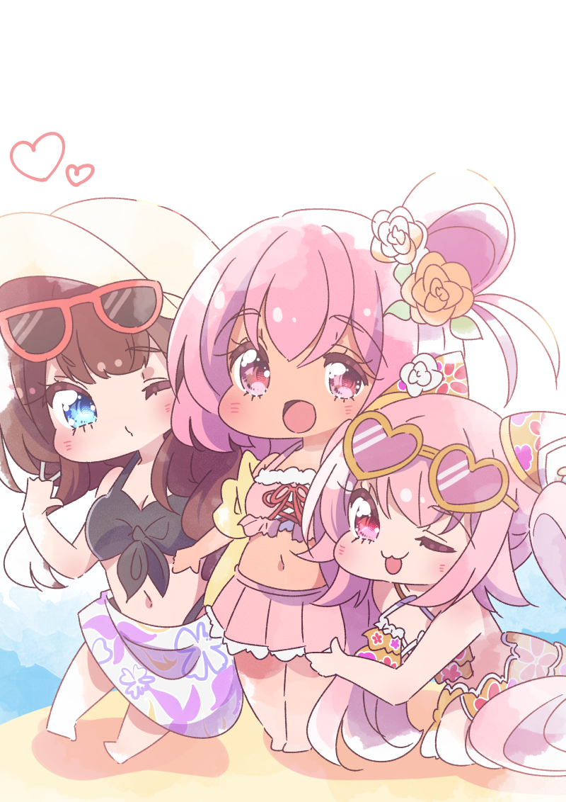 3girls :3 :d ;d assault_lily bare_arms bare_shoulders barefoot beach bikini bikini_skirt black_bikini blue_eyes blush brown_hair brown_headwear chibi cloud commentary_request cross-laced_bikini cross-laced_clothes day endou_araya eyewear_on_head floral_print flower front-tie_bikini_top front-tie_top girl_sandwich hair_bun hair_flower hair_ornament hairpods halterneck hand_on_another's_thigh hand_up hat heart hitotsuyanagi_riri honkawa_works kaede_johan_nouvel kneeling long_hair looking_at_viewer multiple_girls navel off_shoulder official_alternate_costume official_alternate_hairstyle on_ground one_eye_closed orange_bikini orange_flower outdoors pink_bikini pink_eyes print_bikini print_sarong puckered_lips red-framed_eyewear sandwiched sarong shirt short_sleeves side-by-side single_side_bun smile standing stomach sun_hat sunglasses swimsuit tan twintails very_long_hair white_sarong yellow_shirt