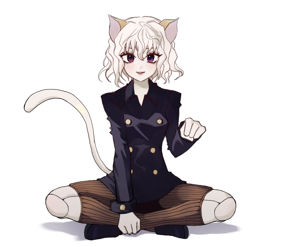 1other androgynous animal_ears cat_ears cat_tail chimera_ant curly_hair full_body hunter_x_hunter indian_style joints long_sleeves looking_at_viewer neferpitou other_focus purple_eyes ribbed_shorts short_hair simple_background sitting smile solo straight-on tail takbamm white_background white_hair