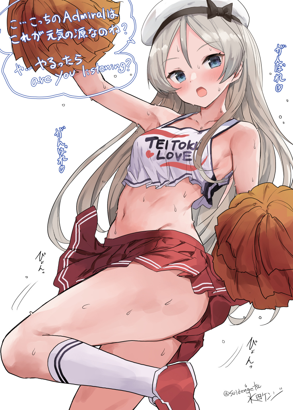 1girl alternate_costume armpits blue_eyes cheering cheerleader clothes_removed commentary_request crop_top crop_top_overhang feet_out_of_frame grey_hair hat highres holding holding_pom_poms javelin_(kancolle) kantai_collection long_hair midriff miniskirt mizuta_kenji nervous_sweating one-hour_drawing_challenge open_mouth pleated_skirt pom_pom_(cheerleading) red_skirt sailor_hat shirt simple_background skirt solo standing sweat translation_request white_background white_headwear white_shirt