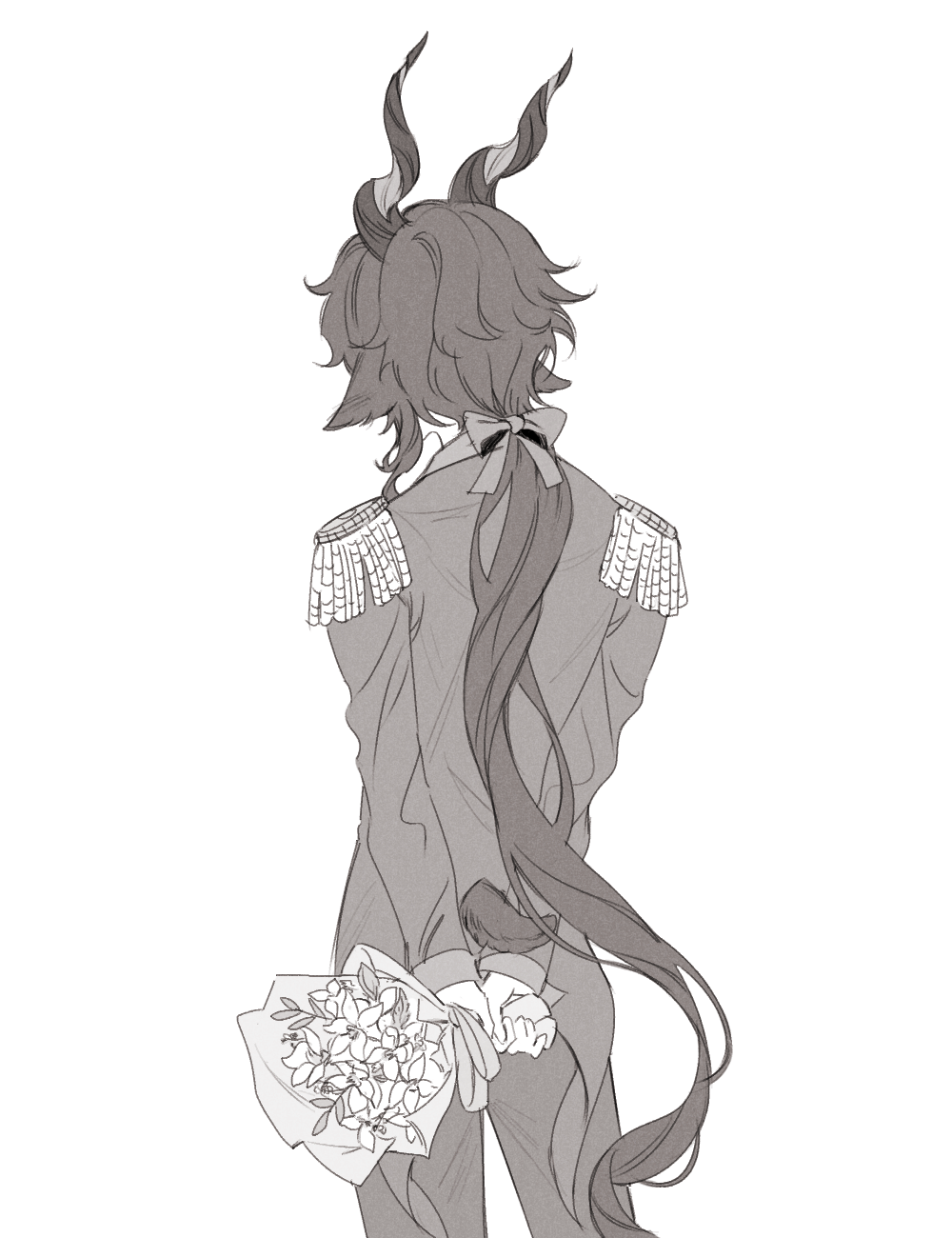 1boy animal_ears arknights arms_behind_back black_hair bouquet bow ebenholz_(arknights) epaulettes facing_away flower from_behind greyscale hair_bow highres holding holding_bouquet horns jacket long_hair male_focus monochrome pants rio_(rio773) simple_background solo tail tail_through_clothes very_long_hair white_background