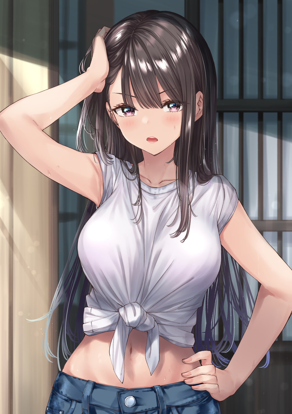1girl black_hair blush breasts collarbone d: denim hand_on_own_head hand_on_own_hip highres jeans large_breasts light_blush long_hair looking_at_viewer midriff multicolored_hair navel open_mouth original outdoors pants parted_bangs pink_eyes purple_hair shirt short_sleeves solo sweat sweatdrop t-shirt teeth tied_shirt upper_body upper_teeth_only white_shirt wing_(aiastor)