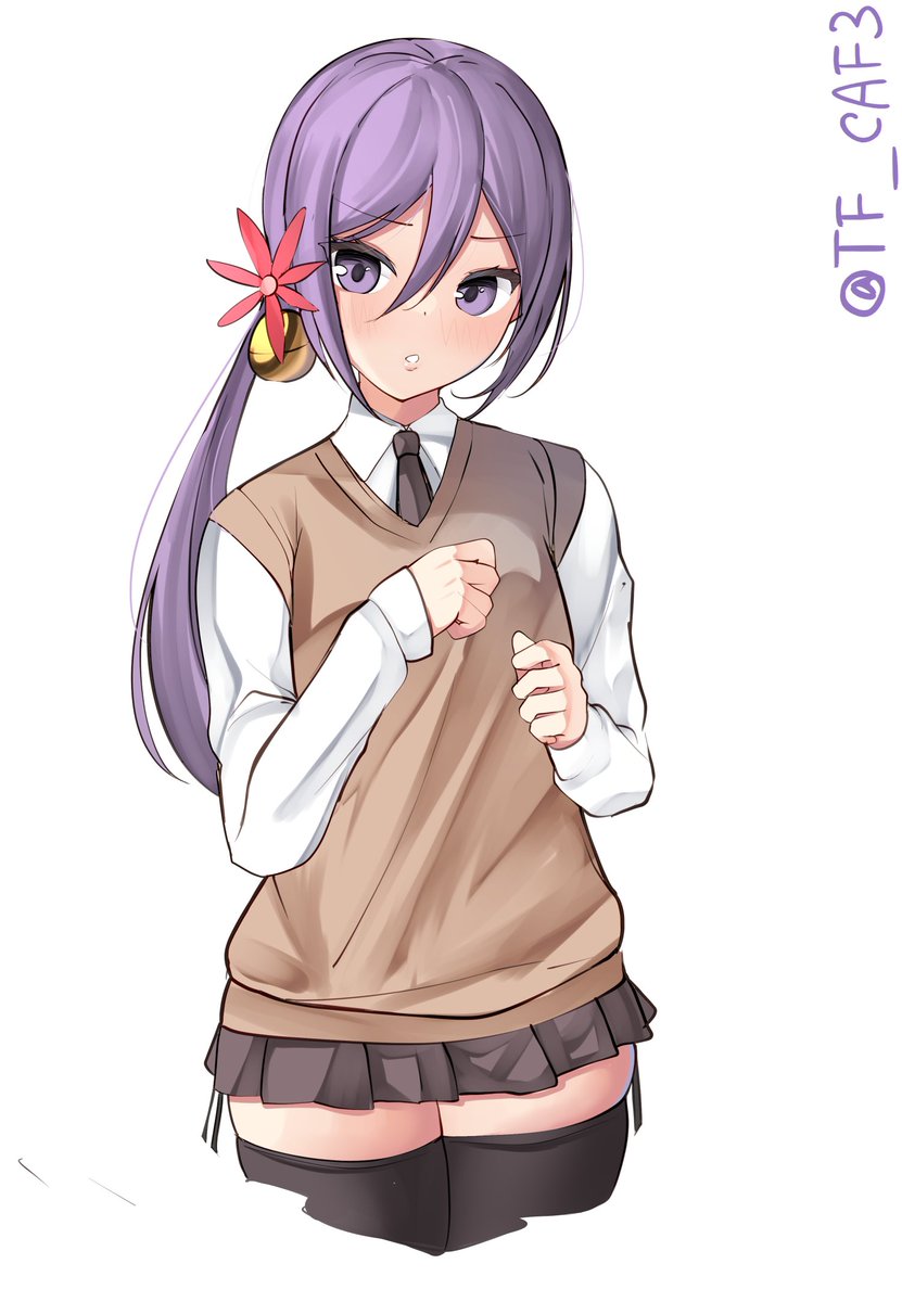 1girl akebono_(kancolle) alternate_costume bell black_necktie black_skirt black_thighhighs brown_sweater_vest collared_shirt cropped_legs flower hair_bell hair_between_eyes hair_flower hair_ornament hands_up highres jingle_bell kantai_collection long_hair long_sleeves looking_at_viewer miniskirt necktie purple_eyes purple_hair school_uniform shirt side_ponytail skirt solo sweater_vest tf_cafe thighhighs twitter_username white_background white_shirt zettai_ryouiki