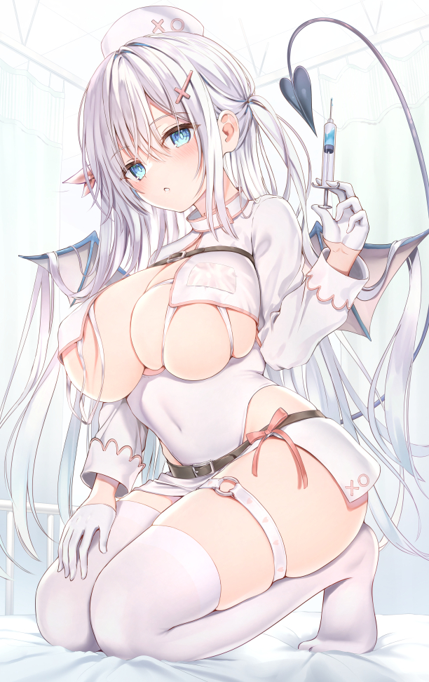 1girl bat_wings blue_eyes blush breasts cleavage cross cross_hair_ornament demon_girl demon_tail demon_wings gloves hair_between_eyes hair_ornament half_gloves hat holding holding_syringe inverted_cross kneeling large_breasts long_hair long_sleeves looking_at_viewer low_wings microskirt no_shoes nurse nurse_cap open_mouth original revealing_clothes skindentation skirt solo sune_(mugendai) syringe tail thigh_strap thighhighs two_side_up white_gloves white_hair white_skirt white_thighhighs wings