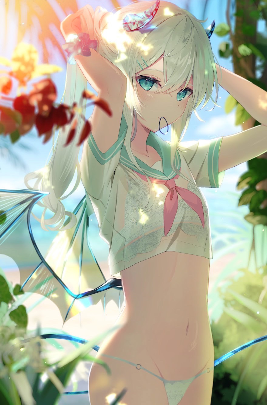 1girl adjusting_hair aqua_eyes bat_wings blue_sailor_collar blush bra branch demon_girl hair_between_eyes hair_tie_in_mouth highres horns lace-trimmed_bra lace-trimmed_panties lace_trim long_hair looking_at_viewer low_wings mouth_hold navel neckerchief omelet_tomato original outdoors panties pink_neckerchief ponytail sailor_collar sailor_shirt school_uniform see-through shirt solo tree tying_hair underwear white_bra white_hair white_panties wings