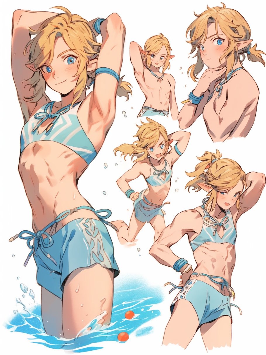 2023 blonde_hair blue_eyes breath_of_the_wild clothing deltapork elf girly hair hi_res humanoid humanoid_pointy_ears hylian light_body light_skin link long_hair male nintendo open_mouth open_smile partially_submerged pose simple_background smile solo swimming_trunks swimwear the_legend_of_zelda water