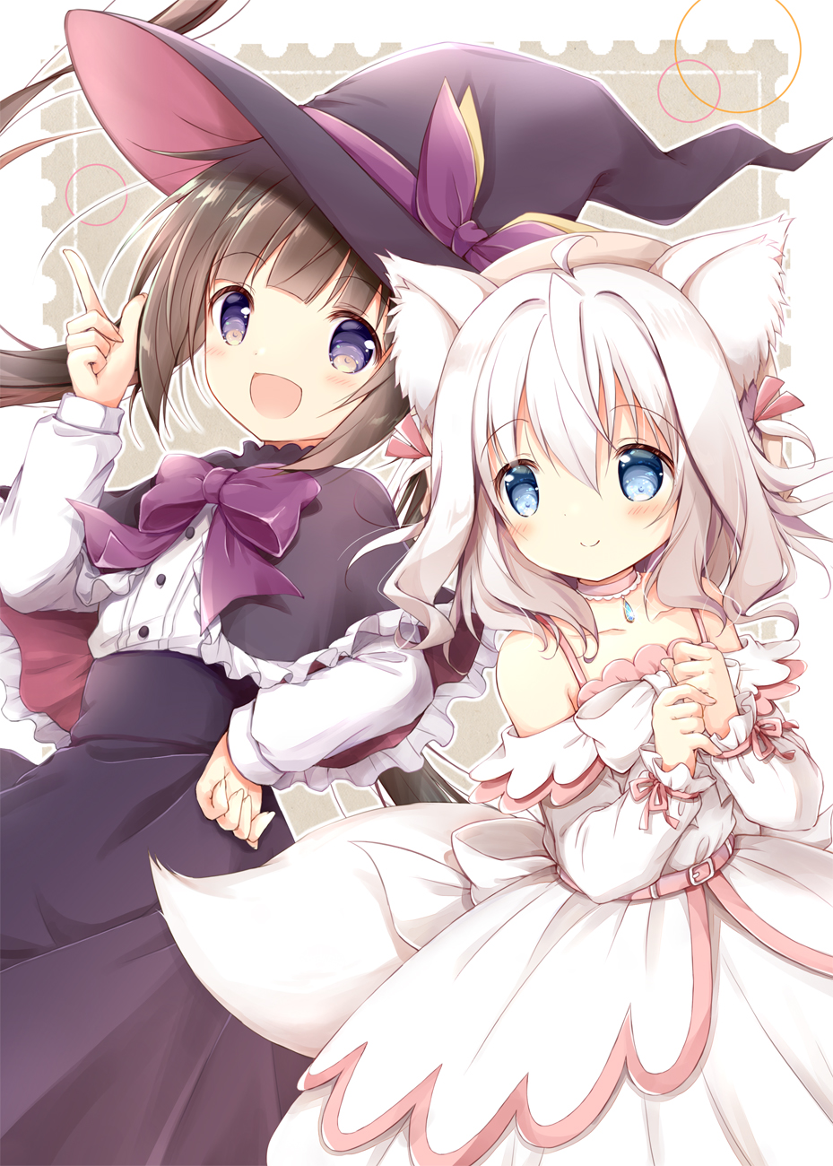 2girls :d animal_ear_fluff animal_ears bare_shoulders black_capelet black_headwear black_skirt blue_eyes blush brown_hair capelet closed_mouth collarbone commentary_request dress frilled_capelet frills hand_up hat highres index_finger_raised long_hair long_sleeves multiple_girls nanase_miori off-shoulder_dress off_shoulder original own_hands_together puffy_long_sleeves puffy_sleeves purple_eyes shirt skirt sleeves_past_wrists smile tail twintails very_long_hair white_dress white_hair white_shirt witch_hat
