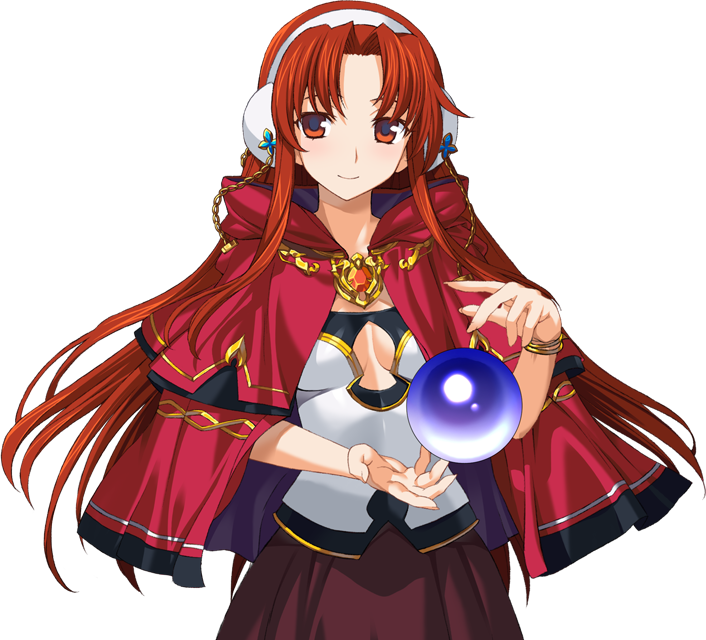 1girl alicesoft cape cleavage_cutout clothing_cutout crystal_ball earmuffs jewelry light_smile long_hair looking_at_viewer necklace rance_(series) red_eyes red_hair simple_background smile solo willis_fujisaki