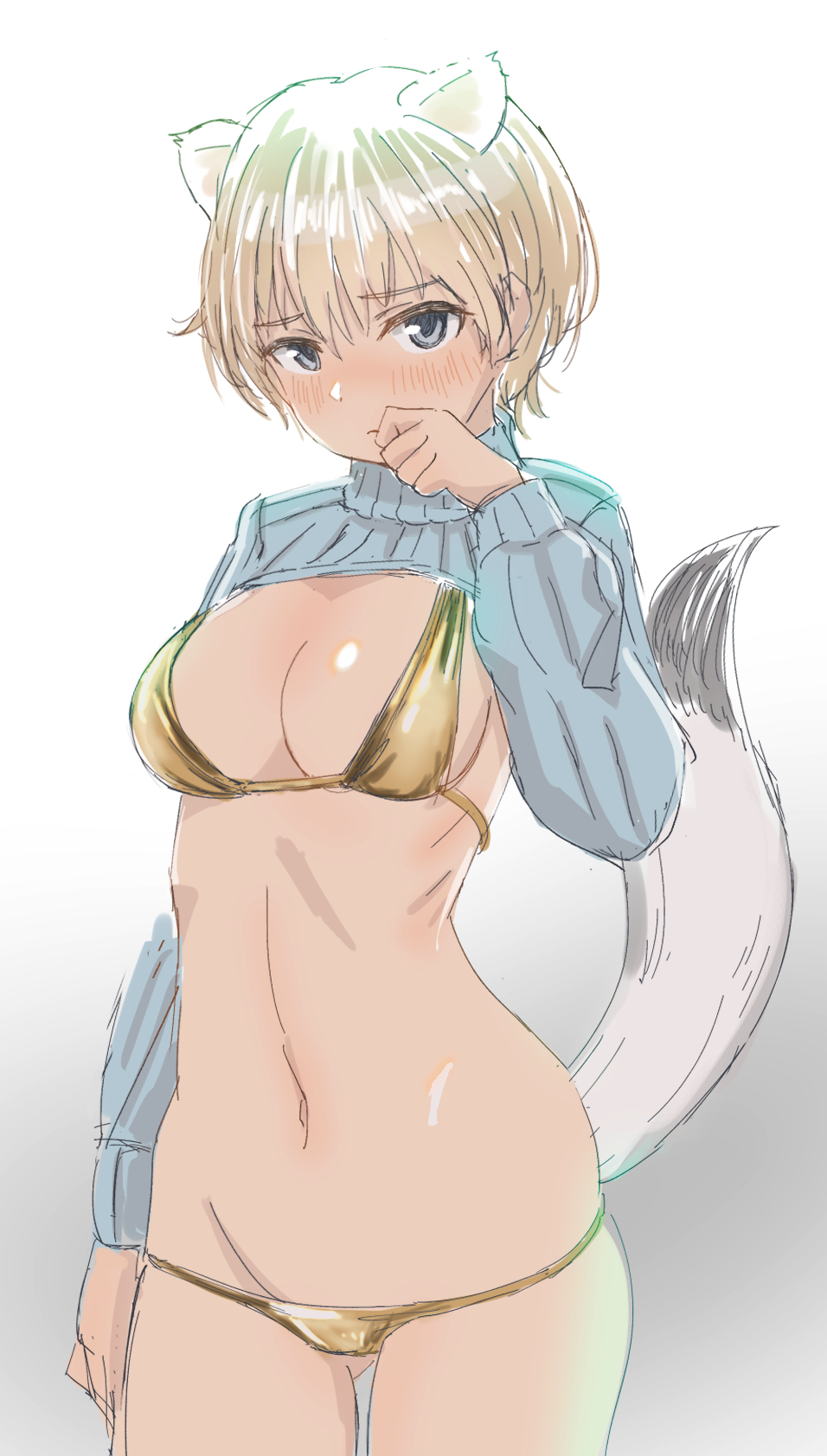 1girl animal_ears bikini blonde_hair blue_eyes blush brave_witches breasts cleavage closed_mouth gold_bikini highres looking_at_viewer lowlegist medium_breasts navel nikka_edvardine_katajainen short_hair solo sweater swimsuit tail weasel_ears weasel_tail world_witches_series