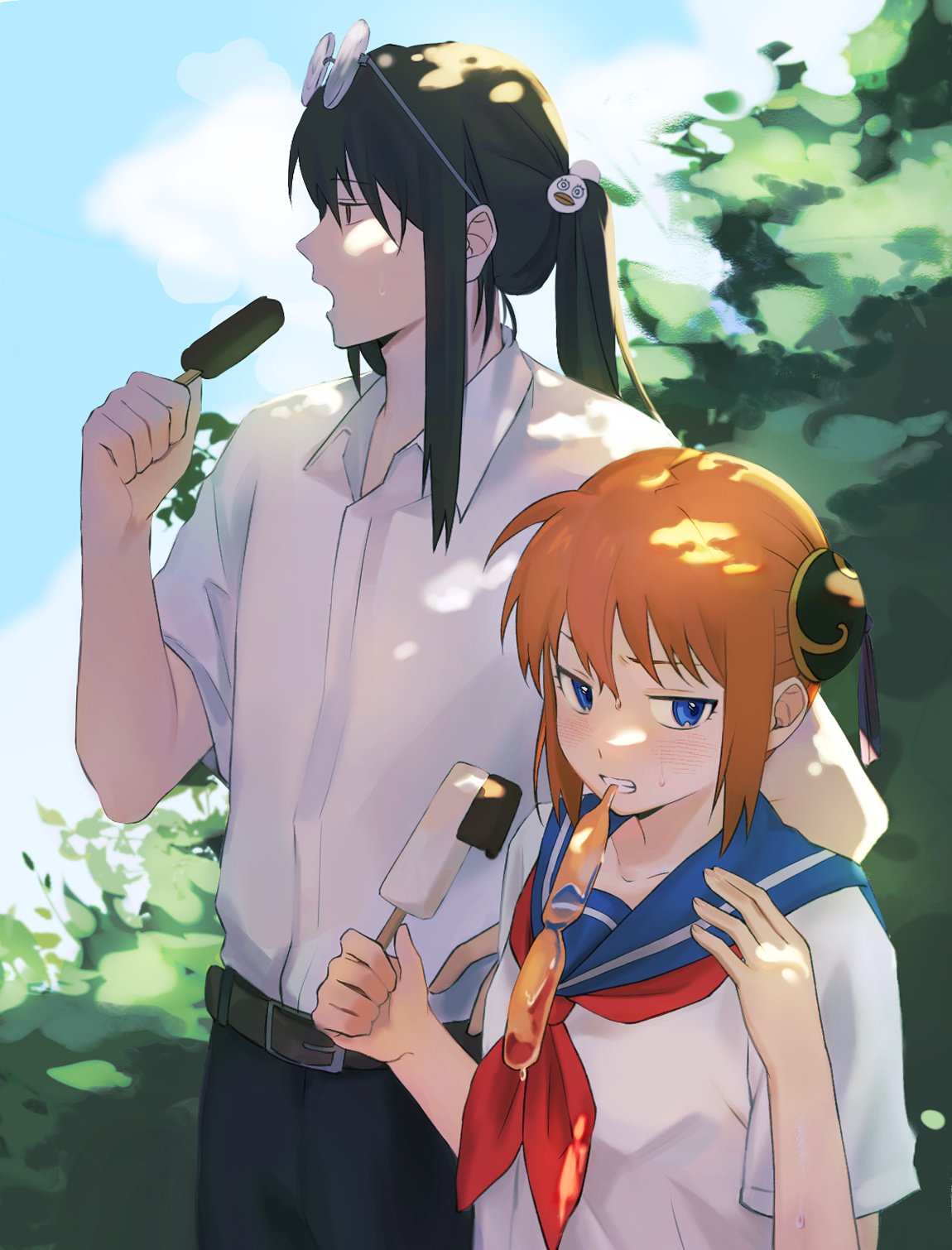 1boy 1girl aged_down black_hair blue_eyes commentary_request day double_bun eyewear_on_head food gintama hair_bun highres holding holding_food holding_ice_cream ice_cream kagura_(gintama) katsura_kotarou orange_hair outdoors renico_(1389208605560352778) school_uniform upper_body