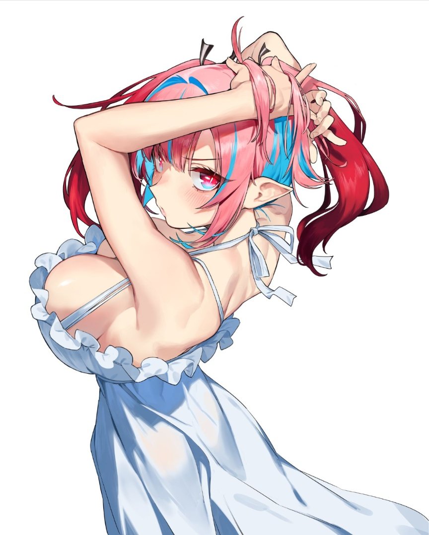 1girl adjusting_hair aqua_hair back backboob bare_arms black_ribbon blue_eyes breasts colored_inner_hair cowboy_shot demon_girl dress eyelashes fingernails frilled_dress frills from_above furrowed_brow hair_horns hair_intakes hair_ribbon huge_breasts kanan-sama_wa_akumade_choroi kanan_(kanan-sama) looking_at_viewer looking_back medium_hair multicolored_eyes multicolored_hair nonco nose official_art pink_hair pointy_ears puckered_lips red_eyes ribbon simple_background sleeveless sleeveless_dress slit_pupils solo streaked_hair striped striped_ribbon sundress two-tone_hair white_background white_dress