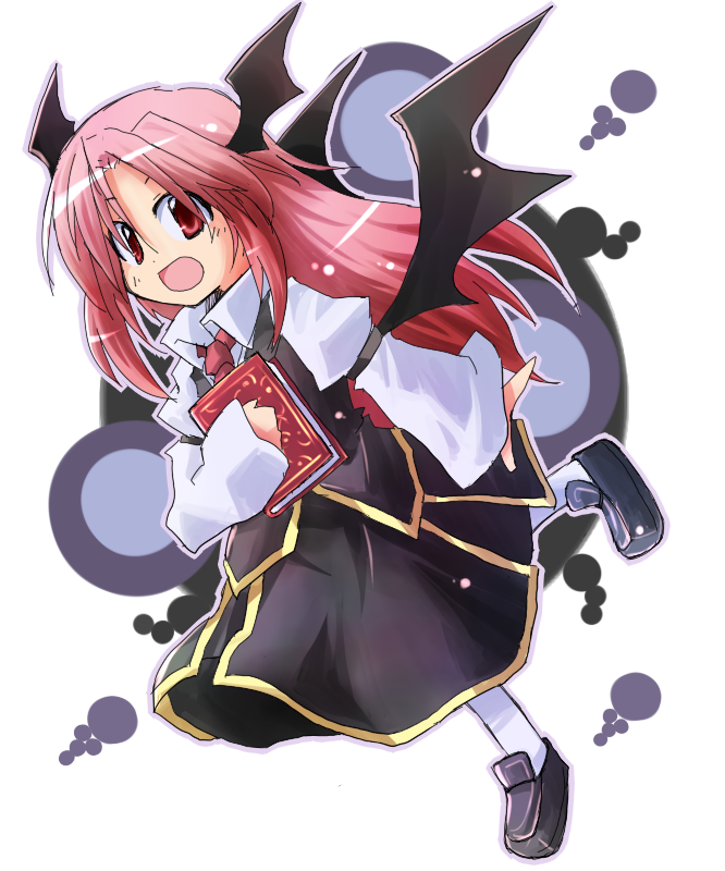 1girl :d bat_wings black_armband black_footwear black_skirt black_vest black_wings book book_hug circle collared_shirt commentary_request dot_nose dress_shirt dutch_angle full_body hair_between_eyes head_wings holding holding_book juliet_sleeves koakuma loafers long_sleeves looking_at_viewer low_wings necktie object_hug puffy_sleeves red_eyes red_hair red_necktie shirt shoes simple_background skirt skirt_set smile socks solo touhou vest white_background white_shirt white_socks wings yuuhi_alpha