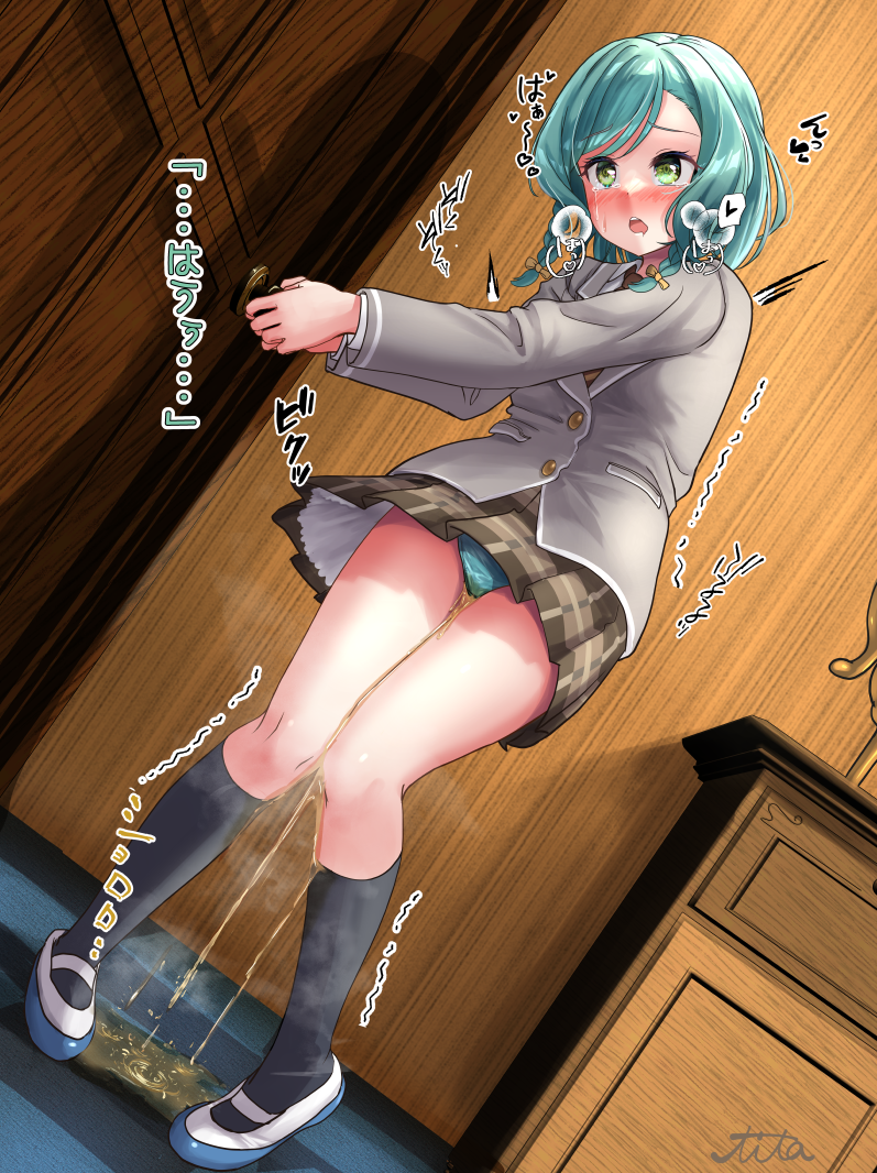 1girl artist_name bang_dream! black_socks blue_footwear blue_hair blue_panties blush bow braid brown_skirt buttons commentary_request commission crying door drooling dutch_angle embarrassed flat_chest green_eyes grey_jacket hair_bow heart heel_up hikawa_hina indoors jacket kneehighs legs locked long_sleeves medium_hair miniskirt mouth_drool nose_blush open_mouth panties pantyshot pee peeing peeing_self plaid plaid_skirt pleated_skirt pocket puddle raised_eyebrows school_uniform shoes sidelocks signature skeb_commission skirt soba_chatarou_(tita) socks solo spoken_heart standing steam sweat talking tears teeth thighs translation_request trembling twin_braids underwear upskirt wet wet_clothes wet_panties yellow_bow