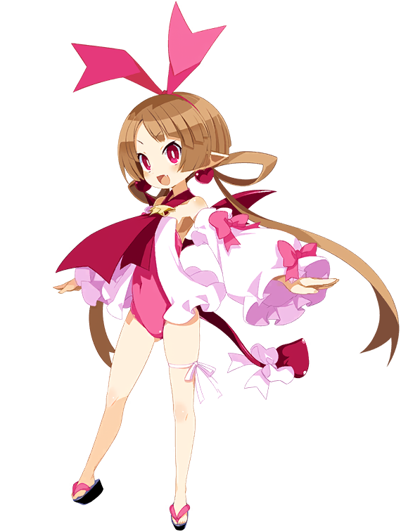 1girl bow bright_pupils brown_hair demon_girl demon_tail demon_wings detached_sleeves disgaea disgaea_rpg earrings fang full_body hairband hanako_(disgaea) heart heart_earrings jewelry leg_ribbon leotard long_hair non-web_source official_art open_mouth photoshop_(medium) pink_leotard pointy_ears red_eyes red_tail red_wings ribbon sandals solo tail tail_bow tail_ornament thigh_ribbon transparent_background twintails very_long_hair wings