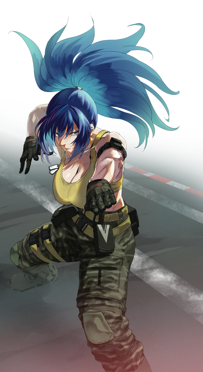 1girl ammunition_pouch bare_shoulders belt blue_eyes blue_hair boots camouflage camouflage_pants cargo_pants combat_boots dog_tags earrings exocet gloves highres jewelry leona_heidern pants ponytail pouch sleeveless tank_top the_king_of_fighters the_king_of_fighters_xv triangle_earrings yellow_tank_top