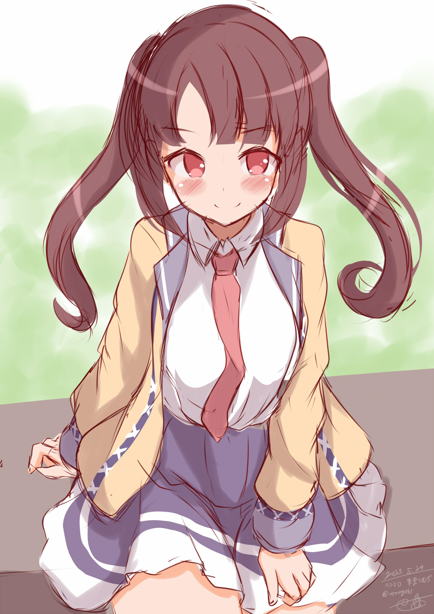 &gt;:) 1girl blue_skirt blush breasts brown_hair brown_jacket character_request closed_mouth collared_shirt dated highres jacket long_hair long_sleeves looking_at_viewer medium_breasts necktie ongeki open_clothes open_jacket parted_bangs puffy_long_sleeves puffy_sleeves red_eyes red_necktie shirt signature sitting sketch skirt sleeves_past_wrists smile solo twintails twitter_username v-shaped_eyebrows white_shirt zenon_(for_achieve)