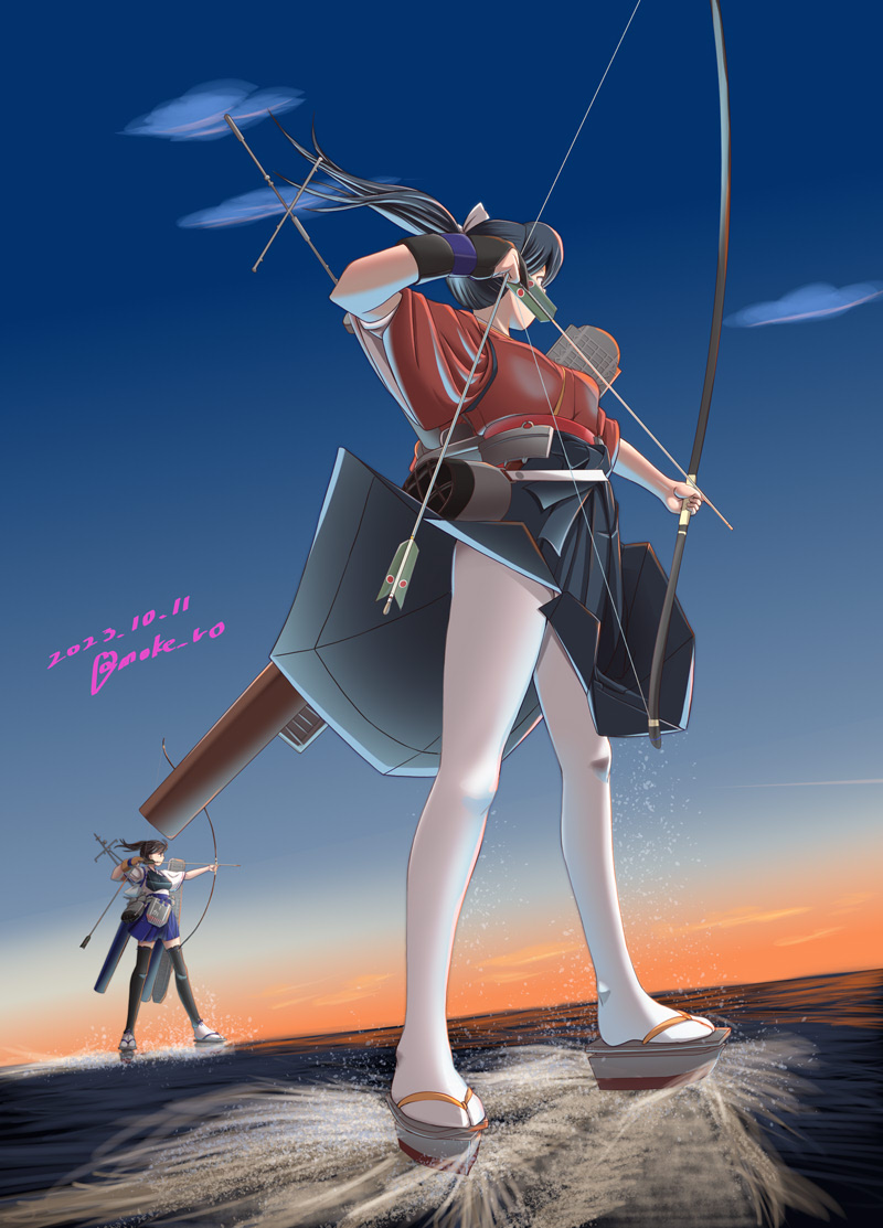 2girls aiming arrow_(projectile) black_gloves black_hair black_hakama blue_sky bow_(weapon) cloud commentary_request dated dawn flight_deck from_below geta gloves hakama houshou_(kancolle) japanese_clothes kaga_(kancolle) kantai_collection kimono long_hair machinery moke_ro multiple_girls outdoors pantyhose partially_fingerless_gloves quiver red_kimono sandals single_glove sky solo_focus standing standing_on_liquid twitter_username weapon white_pantyhose yugake