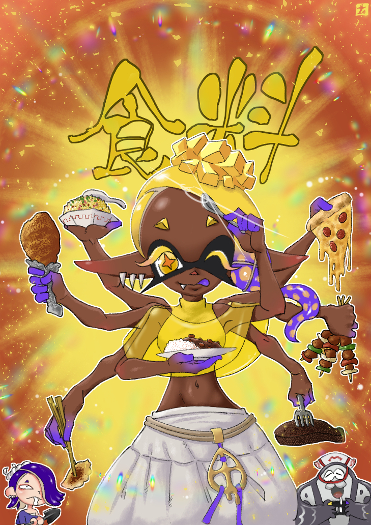 1boy 2girls ;q arm_up asymmetrical_hair big_man_(splatoon) blonde_hair blue_hair blue_shawl breasts chicken_(food) chicken_leg chopsticks closed_mouth colored_skin colored_tongue commentary_request cowboy_shot crop_top dark-skinned_female dark_skin drooling earrings extra_arms eyelashes fang fang_out food food-themed_hair_ornament forehead fork frye_(splatoon) gradient_hair hachimaki hair_ornament handheld_game_console harem_pants headband hokkamuri holding holding_chopsticks holding_food holding_fork holding_handheld_game_console holding_pizza holding_plate holding_shovel holding_spoon jewelry kebab licking_lips long_hair looking_at_viewer manta_ray medium_breasts midriff multicolored_hair multicolored_skin multiple_earrings multiple_girls namuro navel nejiri_hachimaki nintendo_switch one_eye_closed orange_background outline pants pizza pizza_slice plate pointy_ears purple_hair purple_skin purple_tongue rice shawl shirt shiver_(splatoon) shovel skewer sleeveless sleeveless_shirt sleeveless_turtleneck smile splatoon_(series) splatoon_3 spoon star-shaped_pupils star_(symbol) stomach symbol-shaped_pupils tentacle_hair tongue tongue_out turtleneck white_outline white_pants yellow_background yellow_eyes yellow_shawl yellow_shirt