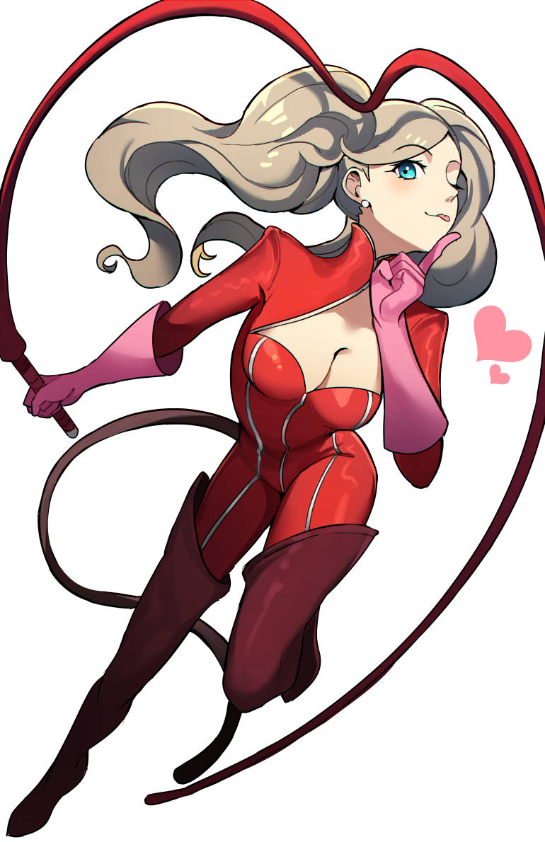 1girl aqua_eyes blonde_hair bodysuit boots breasts cleavage closed_mouth dutch_angle earrings full_body gloves hand_up jewelry kuki_tan looking_at_viewer medium_breasts one_eye_closed parted_bangs persona persona_5 pink_gloves pointing pointing_up red_bodysuit red_footwear simple_background solo standing standing_on_one_leg swept_bangs takamaki_anne thigh_boots tongue tongue_out twintails whip white_background