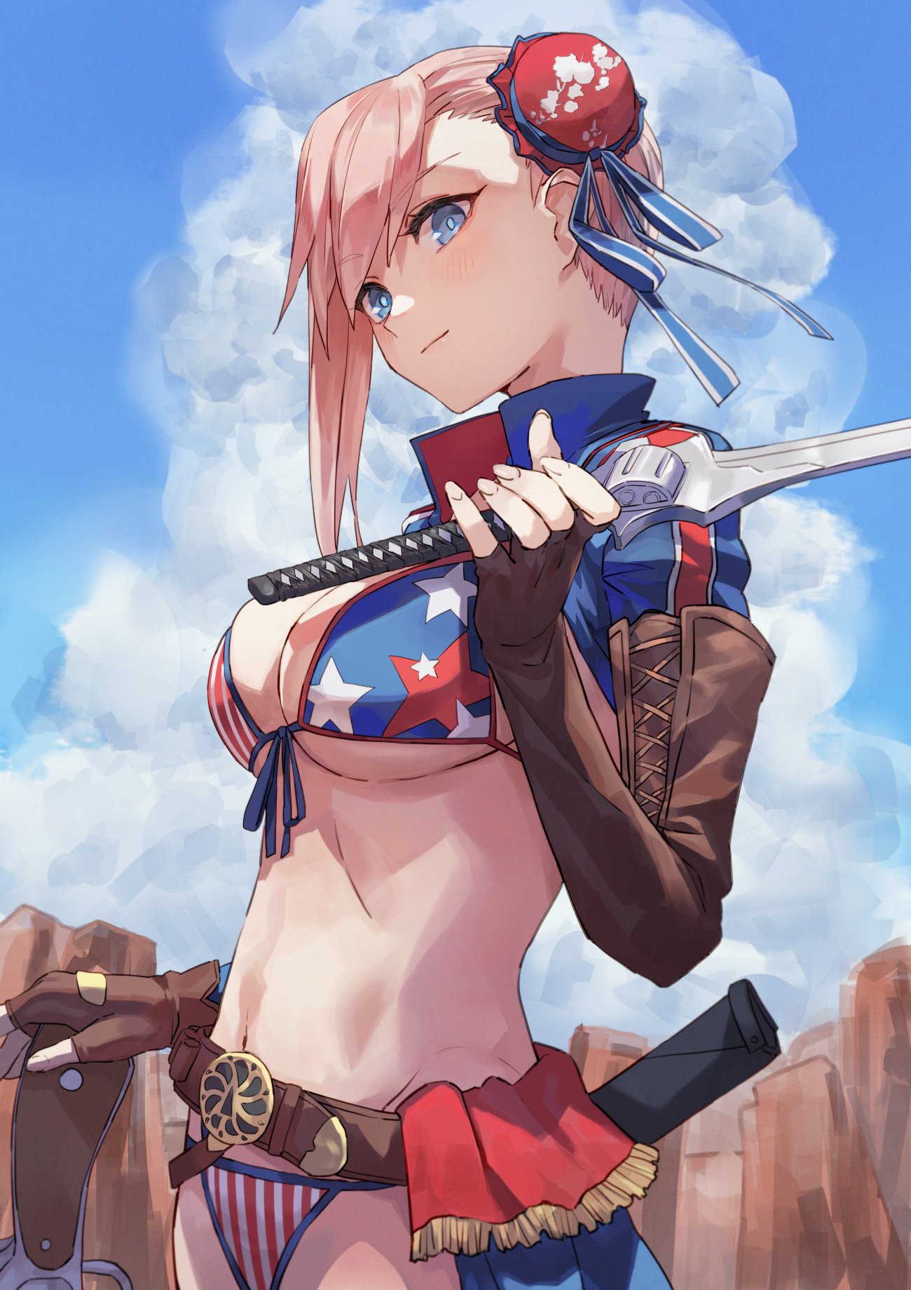 1girl american_flag_bikini asymmetrical_gloves asymmetrical_hair belt bikini blue_eyes breasts brown_belt brown_gloves bun_cover closed_mouth cloud elbow_gloves fate/grand_order fate_(series) fingerless_gloves flag_print gloves gunblade hair_bun head_tilt highres large_breasts leather leather_gloves long_hair looking_at_viewer miyamoto_musashi_(fate) miyamoto_musashi_(swimsuit_berserker)_(fate) miyamoto_musashi_(swimsuit_berserker)_(second_ascension)_(fate) navel outdoors over_shoulder pink_hair print_swimsuit rock shrug_(clothing) single_elbow_glove single_hair_bun single_side_bun single_sidelock sky solo swimsuit sword sword_over_shoulder tesin_(7aehyun) uneven_gloves upper_body weapon weapon_over_shoulder