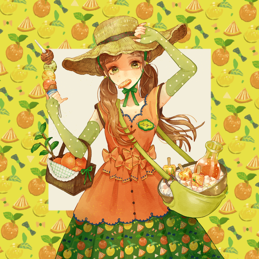 1girl arm_up bag basket blush bow brown_hair dress elbow_gloves fingerless_gloves food fruit gloves hand_on_own_forehead hat holding holding_basket holding_food holding_ice_cream ice ice_cream ice_cream_cone jug_(bottle) long_hair low_twintails mouth_hold orange_(fruit) orange_slice original polka_dot_gloves popsicle quadruple_scoop short_sleeves shoulder_bag solo spoon straw_hat sun_hat sweat twintails very_long_hair yunoto_(conceit)