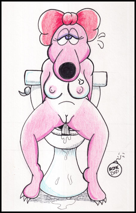 accessory anthro areola biped birdo blue_eyes bodily_fluids bow_ribbon breasts dinosaur eyelashes female genital_fluids genitals hair_accessory inside mario_bros nintendo nipples nude peeing pink_body pussy reddragonkan relieved reptile scalie solo toilet toilet_use traditional_media_(artwork) urine watersports