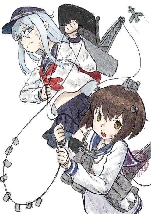 2girls artist_logo binoculars blue_eyes brown_eyes brown_hair closed_mouth dirty dirty_clothes dirty_face flat_cap furrowed_brow grey_hair hair_between_eyes hat headgear hibiki_(kancolle) holding kantai_collection kishida_shiki long_hair long_sleeves looking_at_viewer midriff_peek multiple_girls neckerchief open_mouth pleated_skirt red_neckerchief sailor_collar school_uniform shirt short_hair skirt speaking_tube_headset stomach yukikaze_(kancolle)