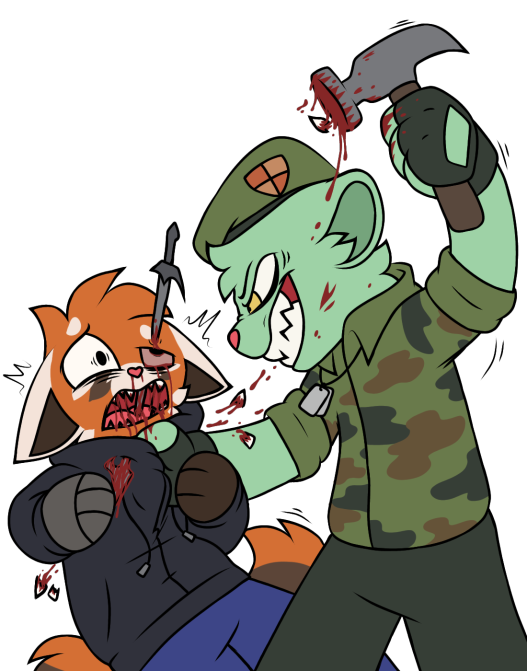2d_(artwork) ailurid alpha_channel alyx_(not_odessa) anthro bear black_clothing black_hoodie black_topwear clothing cybernetic_limb duo eyebrows fire_poker flippy_(htf) fur gore green_body green_fur hammer happy_tree_friends holding_object holding_weapon hoodie imminent_death inner_ear_fluff killing male male/male mammal melee_weapon military military_clothing murderer orange_body orange_fur pegacousin red_panda serial_killer shirt simple_background sword sword_in_eye teeth teeth_removal tools topwear transparent_background tuft weapon