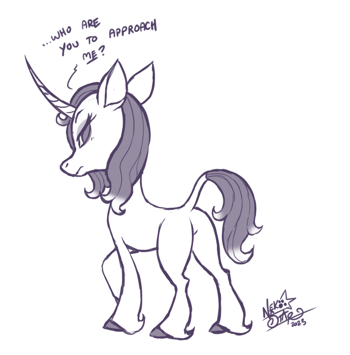 1:1 2023 butt cloven_hooves dialogue english_text equid equine eyelashes female feral fetlocks frown hair hooves horn mammal monochrome nekostar offscreen_character oleander_(tfh) quadruped rear_view signature simple_background solo tail talking_to_viewer text them's_fightin'_herds unicorn white_background