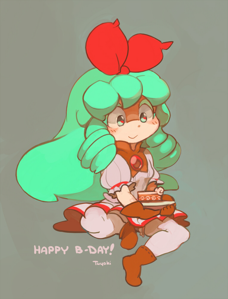 1girl artist_name birthday birthmark boots borrowed_character bow brown_collar brown_footwear brown_gloves closed_mouth collar collared_dress colored_eyelashes curly_hair dress english_commentary food frilled_sleeves frills full_body gem gift_art gloves green_eyes green_hair grey_background hair_bow happy_birthday holding holding_food holding_plate light_blush long_hair original plate puffy_short_sleeves puffy_sleeves red_bow red_gemstone red_pupils red_trim ribbon-trimmed_footwear short_dress short_sleeves sidelocks smile solo striped striped_dress temmie_chang thighhighs vertical-striped_dress vertical_stripes white_dress white_thighhighs