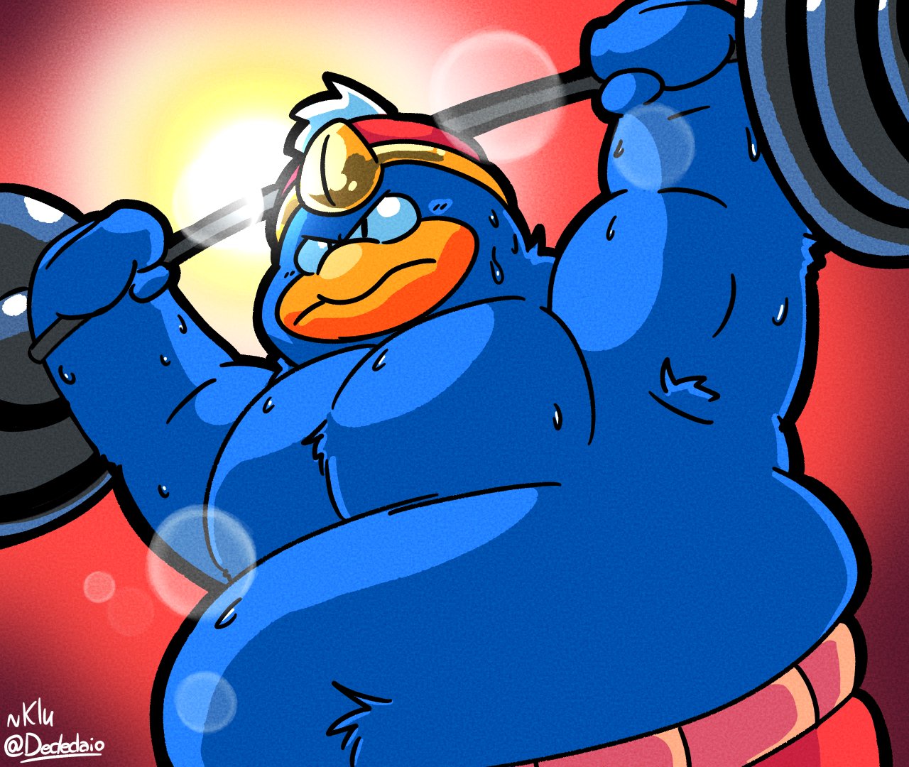 anthro avian barbell belly belly_tuft bird blue_body bodily_fluids crown dededaio exercise headgear king king_dedede kirby_(series) male musclegut nintendo pecs penguin royalty shirtless solo sweat tuft weightlifting workout