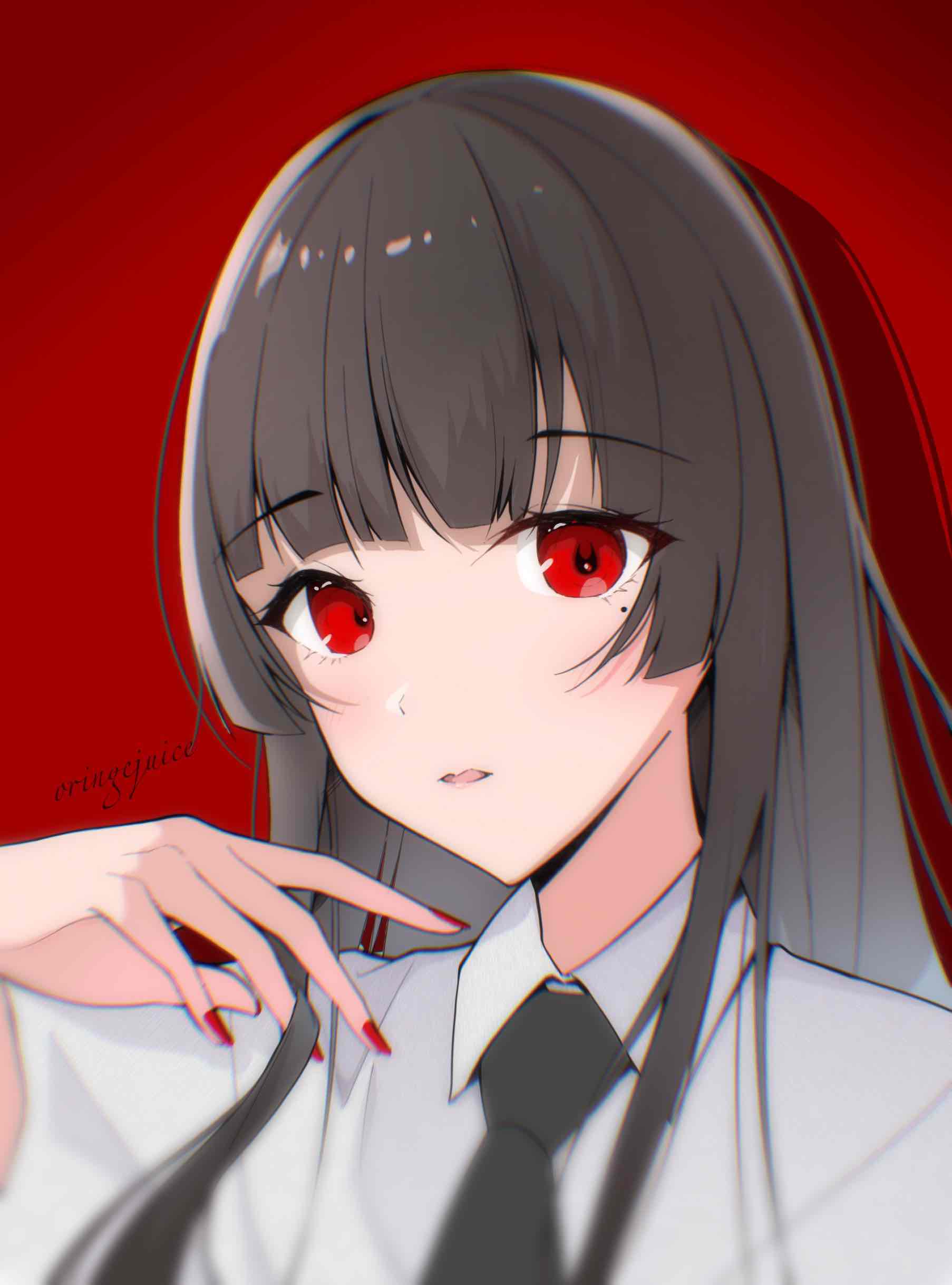 1girl absurdres black_hair black_necktie blurry chinese_commentary chromatic_aberration commentary_request highres juzi_wei_qishui long_hair mole mole_under_eye necktie original portrait red_eyes red_nails solo