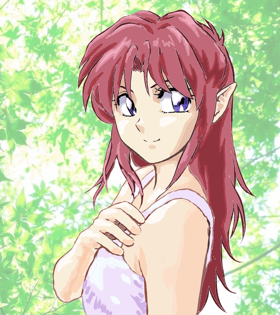 1990s_(style) 1girl azalyn_(musekinin_kanchou_tylor) bare_shoulders camisole closed_mouth hand_on_own_chest hand_up long_hair mizumori_keiichi musekinin_kanchou_tylor pointy_ears purple_eyes red_hair retro_artstyle smile solo split_mouth upper_body white_camisole