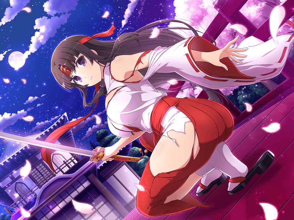 1girl architecture brown_eyes brown_hair crossover east_asian_architecture facing_away falling_petals headband holding holding_sword holding_weapon japanese_clothes katana long_hair long_skirt looking_at_viewer looking_back miko night official_art outdoors petals queen's_blade red_headband red_skirt sandals senran_kagura senran_kagura_new_link shirt skirt socks solo squatting sword tomoe_(queen's_blade) torn_clothes torn_shirt torn_skirt weapon white_shirt white_socks