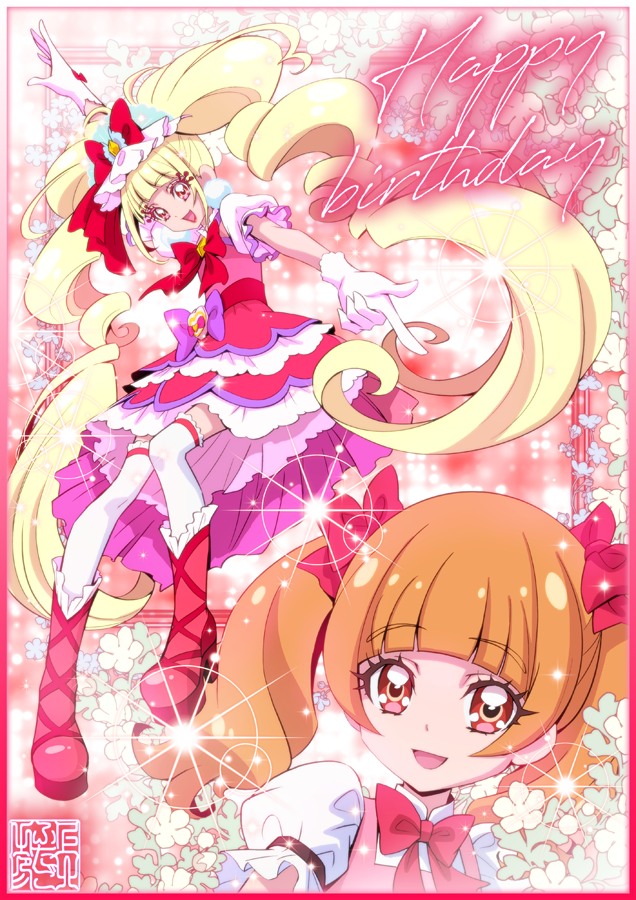 1girl :d aisaki_emiru bad_link blonde_hair brown_hair commentary commentary_request cure_macherie dress earrings eyebrows_hidden_by_hair eyelashes eyeshadow french_commentary frills gloves hair_ornament happy happy_birthday heart_pouch hugtto!_precure jewelry kamikita_futago long_hair looking_at_viewer magical_girl makeup medium_hair open_mouth pink_dress pink_eyes pom_pom_(clothes) pom_pom_earrings precure puffy_short_sleeves puffy_sleeves short_sleeves smile solo standing thighhighs thighs twintails very_long_hair white_gloves