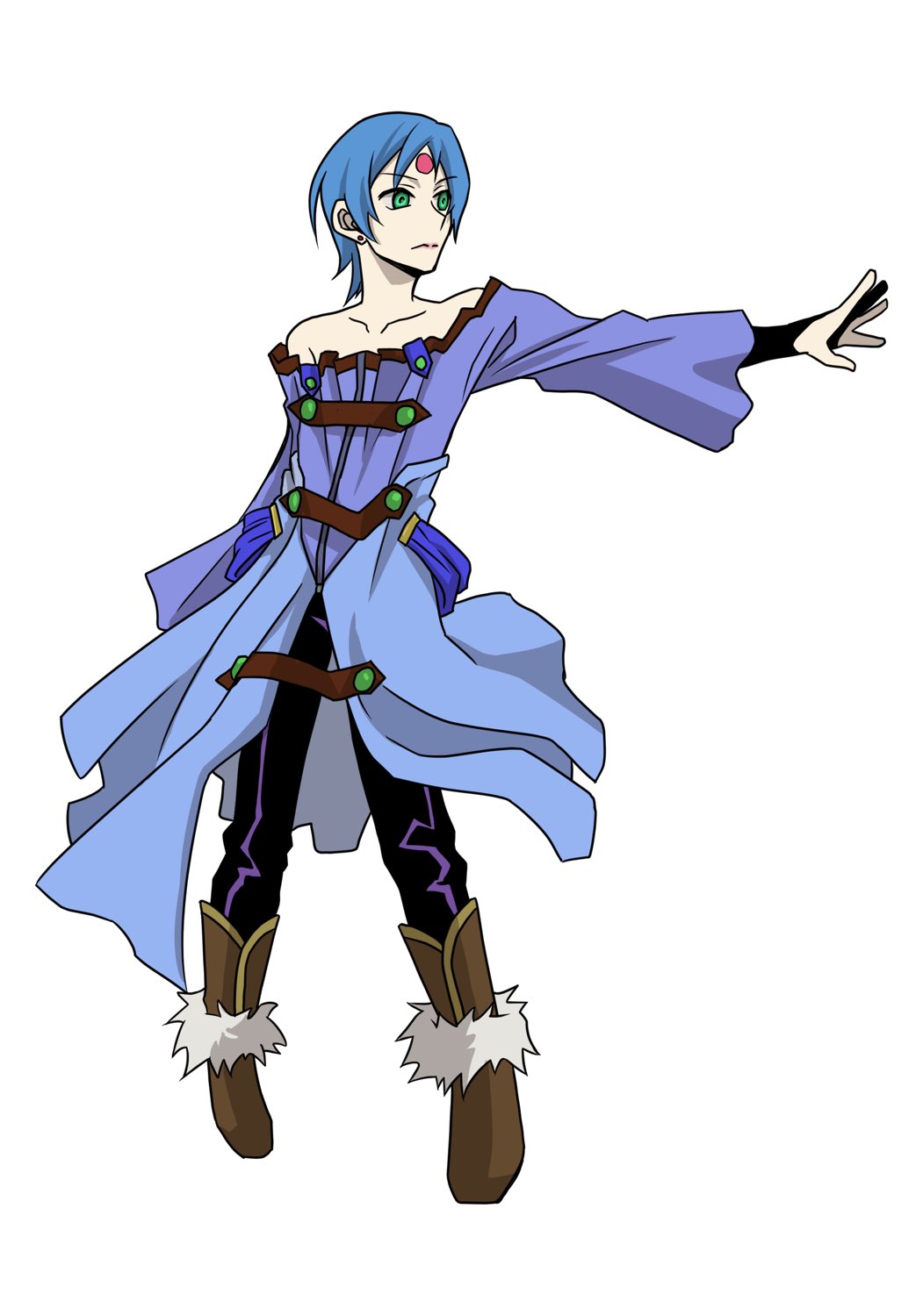 1girl aqua_hair bare_shoulders blue_hair boots bridal_gauntlets brown_footwear earrings facial_mark forehead_mark green_eyes highres jewelry knee_boots pantyhose ryss short_hair simple_background solo strapless zoids zoids_chaotic_century