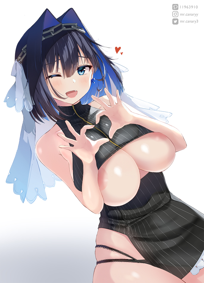 1girl black_panties black_shirt black_skirt blue_bow blue_hair blush bow bow_earrings breasts chain chain_headband earrings fang hair_intakes headband heart heart_hands hololive hololive_english huge_breasts instagram_username jewelry large_breasts looking_at_viewer miniskirt mr.canaryy multicolored_hair nipples one_eye_closed ouro_kronii ouro_kronii_(1st_costume) panties pixiv_id revealing_clothes shirt short_hair simple_background skirt sleeveless sleeveless_shirt smile thick_thighs thighs twitter_username two-tone_hair underboob underwear veil virtual_youtuber white_background