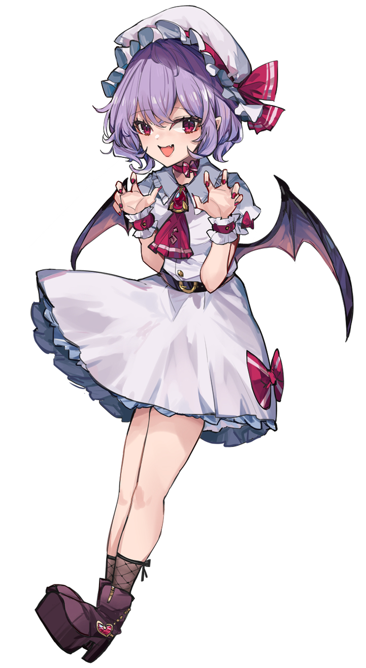 1girl appleseed_(appleseed_art) ascot bat_wings brooch collared_shirt commentary dress embodiment_of_scarlet_devil fang frilled_shirt_collar frilled_skirt frilled_sleeves frills hair_between_eyes hands_up hat hat_ribbon highres jewelry light_purple_hair looking_at_viewer mob_cap open_mouth puffy_short_sleeves puffy_sleeves purple_hair red_ascot red_eyes red_footwear red_ribbon remilia_scarlet ribbon shirt short_hair short_sleeves simple_background skirt skirt_set slit_pupils smile solo standing touhou vampire white_background white_headwear white_shirt white_skirt wings wrist_cuffs