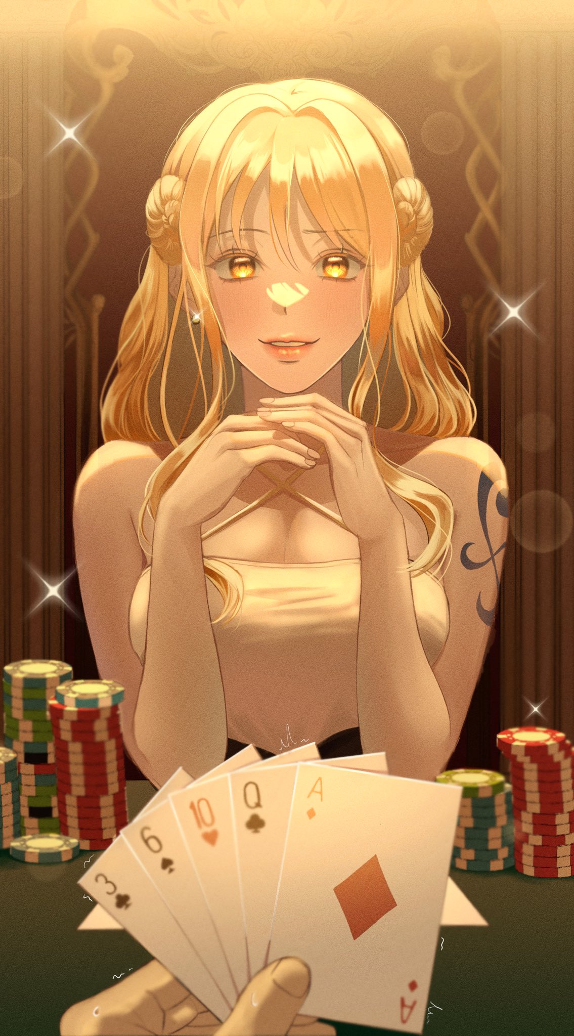 1girl ace_(playing_card) ace_of_hearts alternate_costume bare_arms blush card casino dress earrings heart highres holding holding_card indoors jewelry korean_commentary long_hair looking_at_viewer nami_(one_piece) one_piece orange_eyes orange_hair playing_card poker_chip queen_(playing_card) queen_of_diamonds sangja0505 six_of_spades smile solo tattoo teeth ten_of_hearts three_of_diamonds white_dress