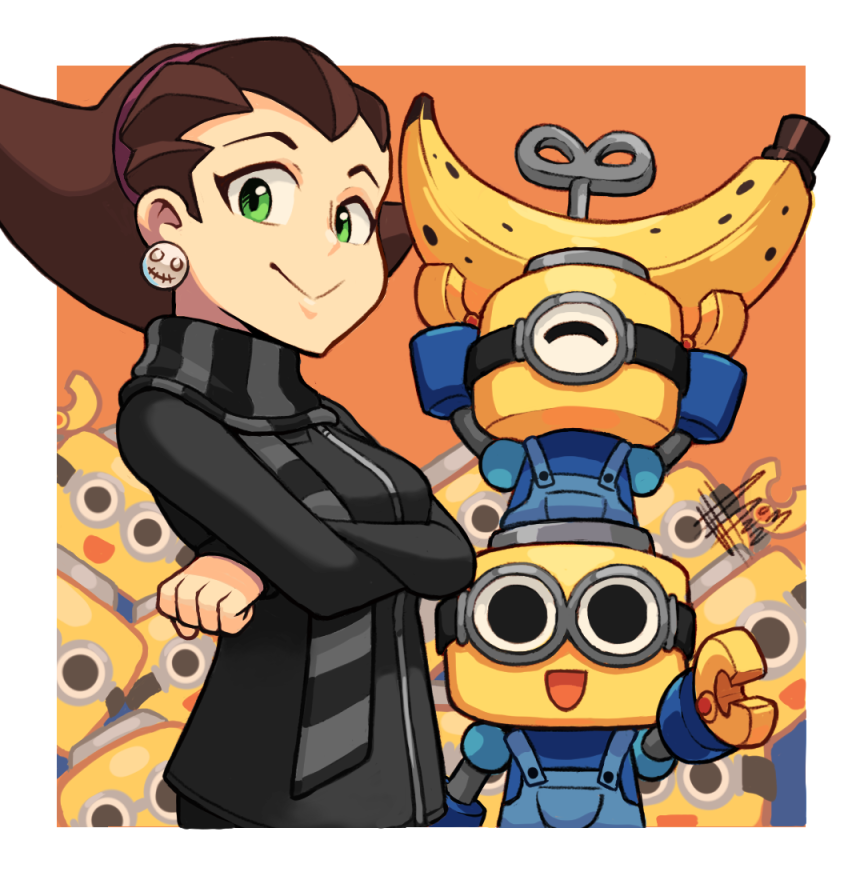 banana black_scarf brown_hair cosplay crossed_arms food fruit green_eyes looking_at_viewer mateus_upd minion_(despicable_me) minion_(despicable_me)_(cosplay) overalls robot scarf servbot_(mega_man) tron_bonne_(mega_man)