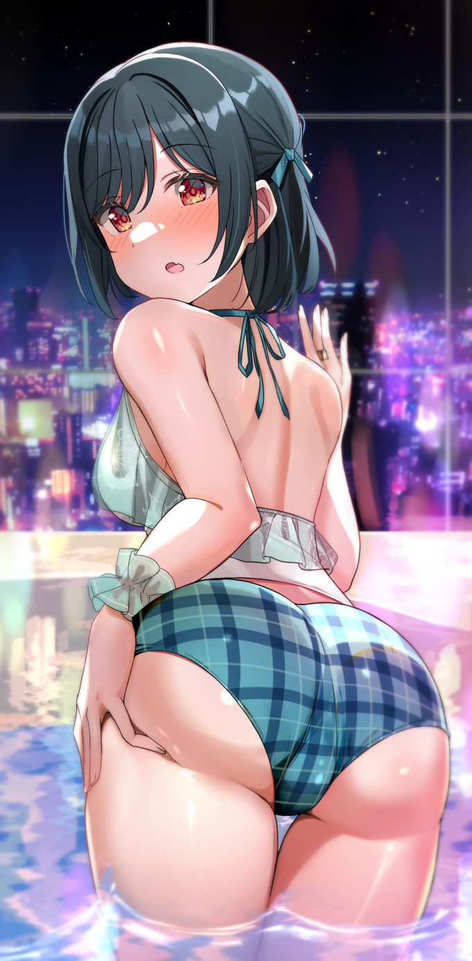 1girl ass bare_shoulders bikini blush breasts commentary_request dark_green_hair fang green_bikini green_ribbon hair_ribbon hand_on_own_ass hand_on_window highres jewelry looking_at_viewer love_live! love_live!_nijigasaki_high_school_idol_club mifune_shioriko night night_sky open_mouth orange_eyes pool ribbon ring shiitake_taishi shine short_hair sideboob skin_fang sky skyline solo star_(sky) starry_sky string_bikini swept_bangs swimsuit water window