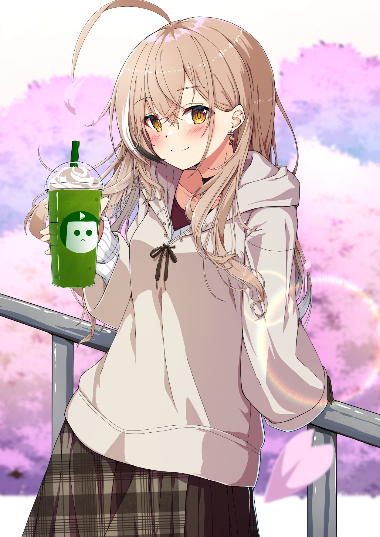 1girl ahoge animal_hood berry blush brown_eyes brown_hair brown_hoodie brown_skirt cherry_blossoms crossed_bangs cup disposable_cup drawstring drink drinking_straw earrings fence food-themed_earrings highres holocouncil hololive hololive_english hood hood_down hoodie jewelry long_hair long_sleeves looking_at_viewer matcha_(food) multicolored_hair namikawa_kuroha nanashi_mumei nanashi_mumei_(3rd_costume) official_alternate_costume oversized_clothes pink_background pleated_skirt skirt smile solo streaked_hair sweater virtual_youtuber white_sweater